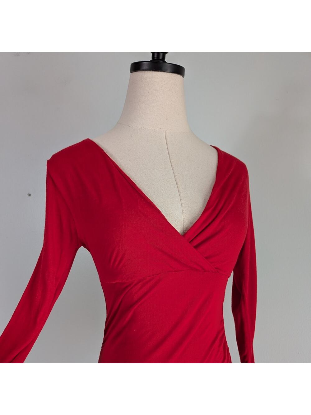 INC Y2K Babydoll Top S Red Vneck 3/4 Sleeve Elena Bella Empire Stretch Knit